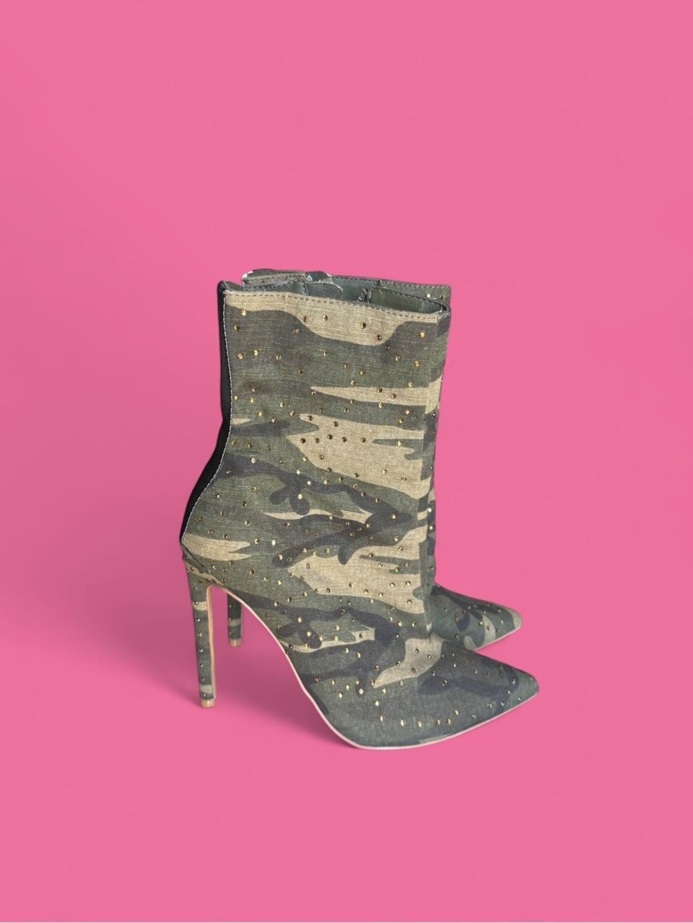 Steve Madden Green Camo Studded Pointed-Toe Ankle Booties